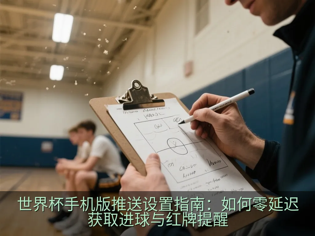 在办公室环境中,一部智能手机显示着即时足球比赛进球的通知提示